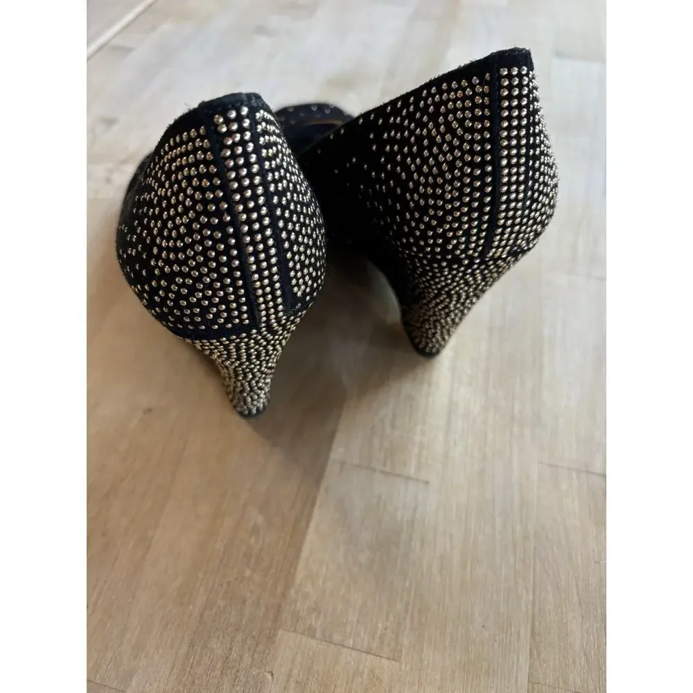 Gianni Bini Women's Black Gold Studded Sparkle Size 7M Wedges Open Peep Toe